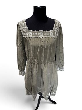 Madewell Olive Green Embroidered Square-Neck Dress